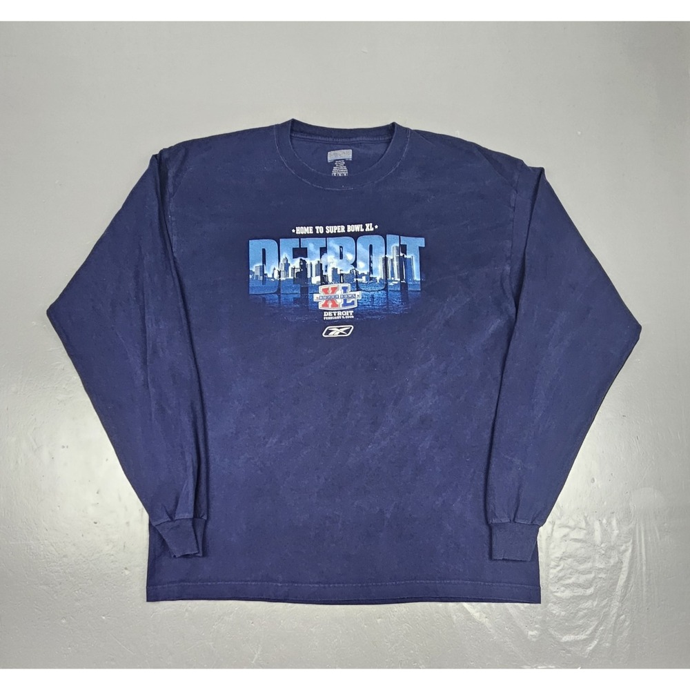 Vintage Reebok T-Shirt Mens XL Super Bowl XL Blue Detroit 2006 NFL Football